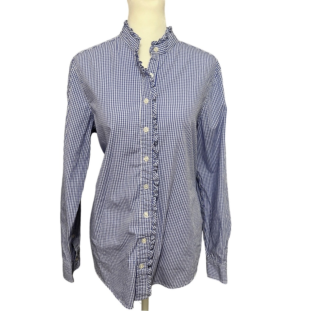 Signature Collection Blue Gingham Ruffle Trim Long Sleeve Button Up Shirt Medium